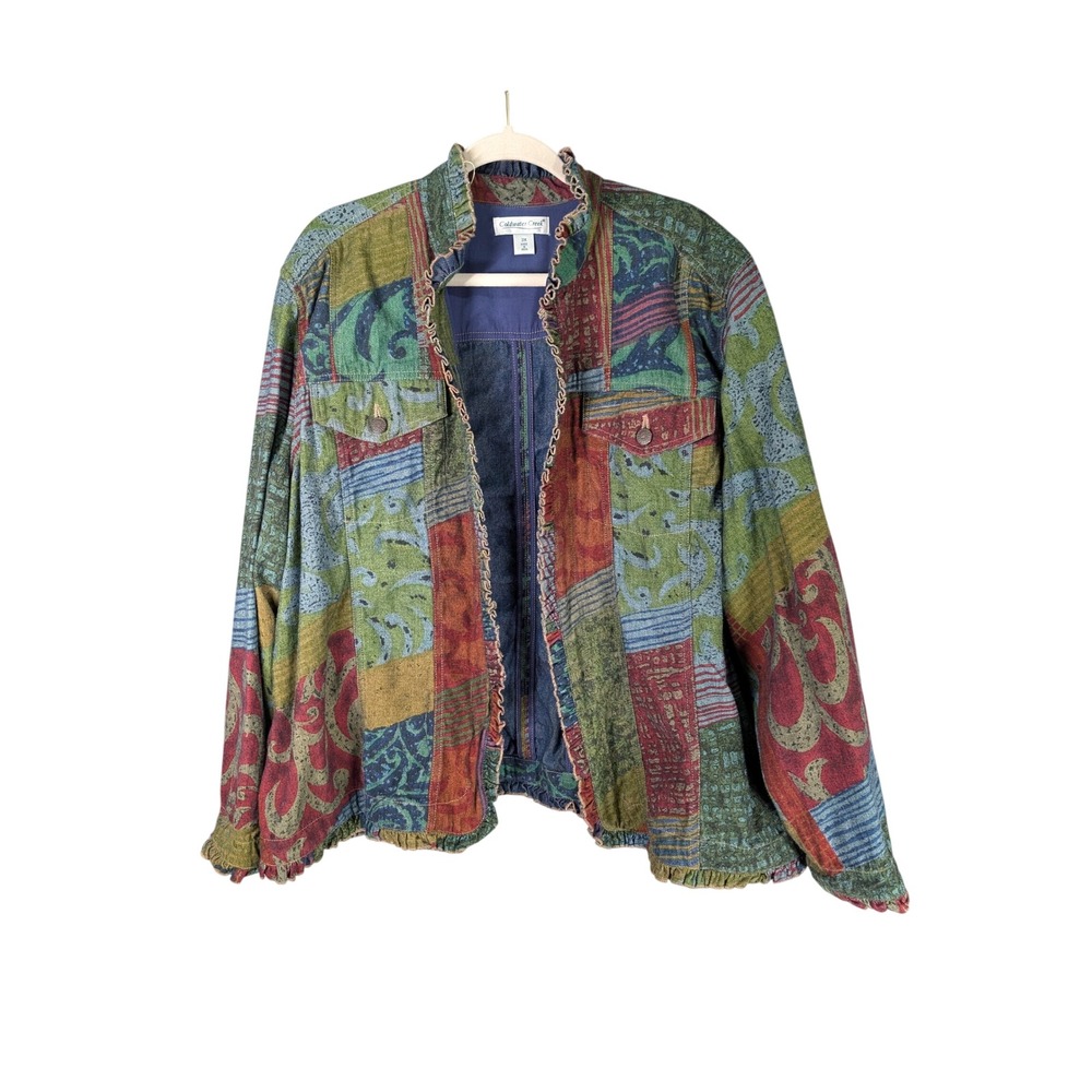 Coldwater Creek Jacket Womens 3X Patchwork Tapestry Jacket Ruffle Trim Open